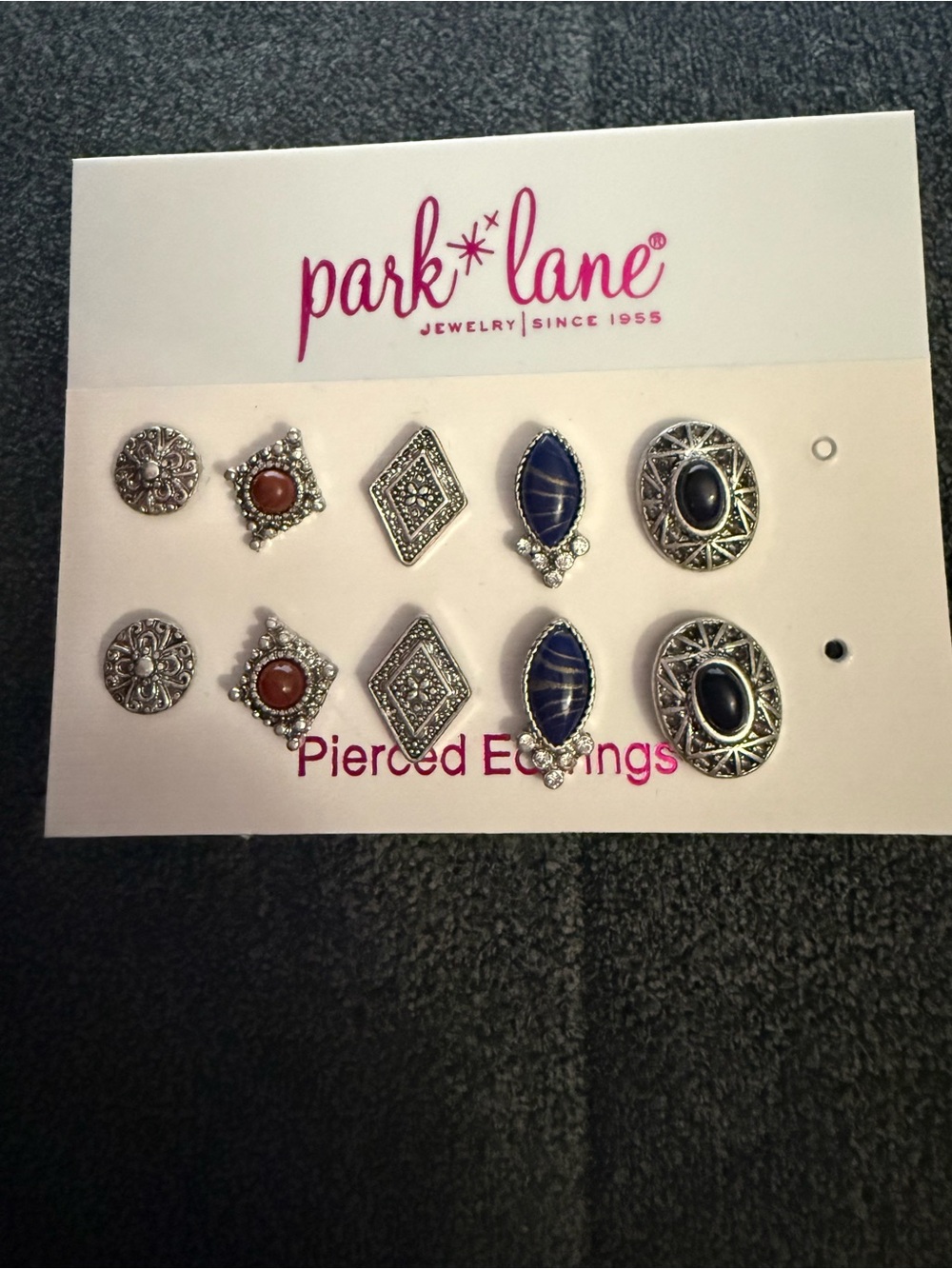 Park Lane Mixed Stud Earring 5 pairs Silver with Blue, Black & Dark Red Accents